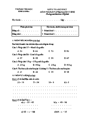 Đề kiểm tra định kỳ môn Toán Lớp 2 - Năm học 2015-2016 - Trường TH Bình Minh A